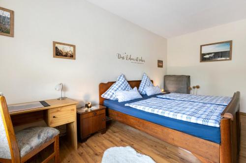 ein Schlafzimmer mit einem Bett, einem Schreibtisch und einem Stuhl in der Unterkunft Traumland in Hollingstedt