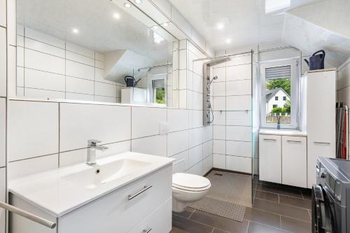 a white bathroom with a toilet and a sink at Ferienwohnung am Residenzschloss in Altenburg