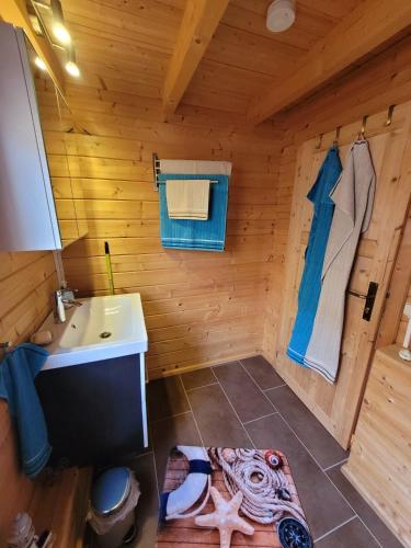 a bathroom with a wooden cabin with a sink and a toilet at Ferienhaus Seeblick in Nöda