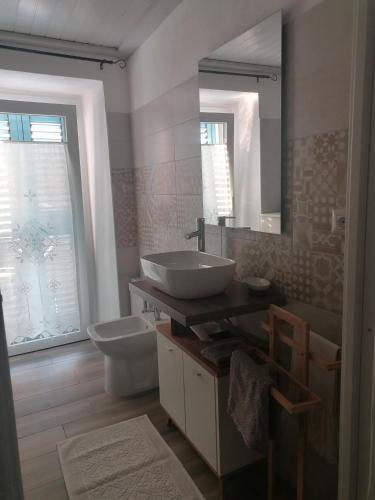 a bathroom with a sink and a toilet and a mirror at Casa vacanze Bau Mela in Villanova Strisaili