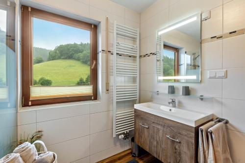 a bathroom with a sink and a window at Hof Helmenhube 2 in Oberzent