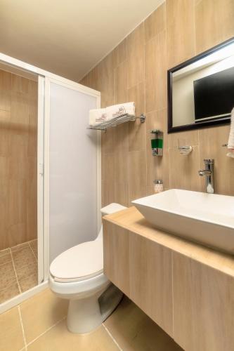ein Badezimmer mit Toilette und Waschbecken in der Unterkunft Hotel Boutique Las Campanas in Tlaxcala de Xicohténcatl
