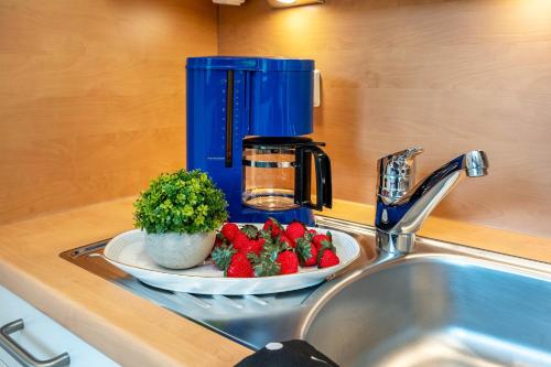 a kitchen counter with a sink with strawberries on it at Ferienwohnung Adrion in Bad Herrenalb