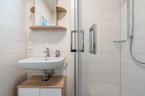 a bathroom with a sink and a shower at Ferienwohnung im Hotel Reichskrone in Heidenau