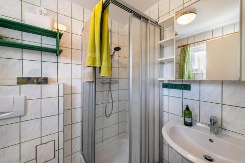 a bathroom with a shower and a tub and a sink at Möve Aba Bungalow 61 in Rerik