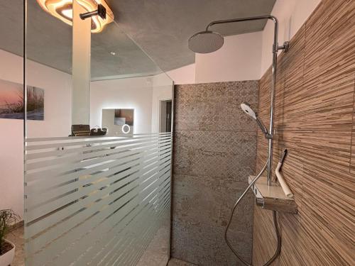 a shower with a glass door in a bathroom at Fewo Dandelion in Haag