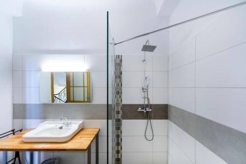 a bathroom with a sink and a shower at Maison Etxeparea in Ustaritz