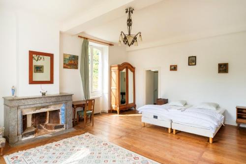 a living room with a bed and a fireplace at Maison Etxeparea in Ustaritz