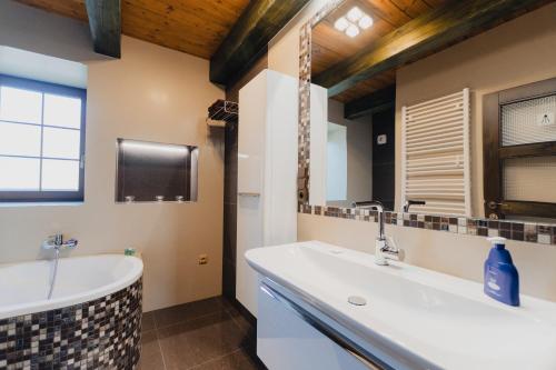 a bathroom with a tub and a large sink at Villa Jizbička in Náchod