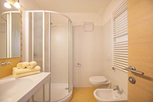 a bathroom with a shower and a sink and a toilet at Runcac Apt Pla in San Vigilio Di Marebbe