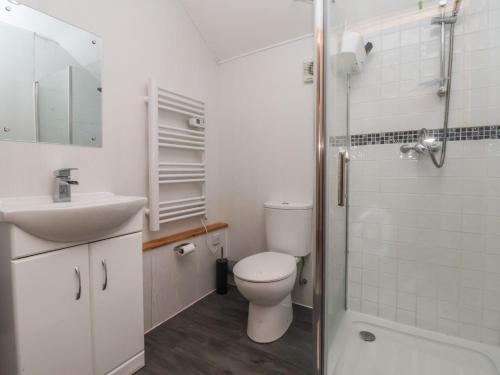 a bathroom with a toilet and a sink and a shower at Honeybee Cottage in Hull