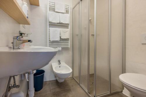 a bathroom with a shower and a sink and a toilet at App Sonne Nr 20 in Lutago