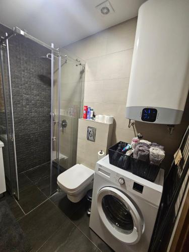a bathroom with a toilet and a washing machine at Green Hills by MI in Podgorica