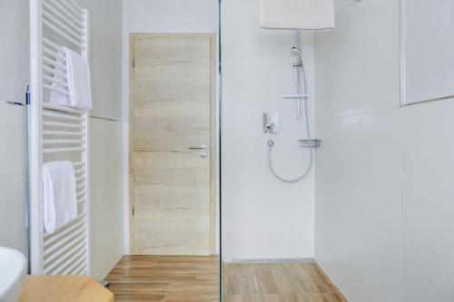 a shower in a bathroom with a glass door at Ferienwohnung Schachen in Garmisch-Partenkirchen