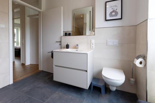 a bathroom with a white sink and a toilet at Ferienhaus Strandnest Dangast in Dangast