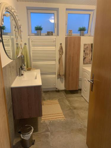 a bathroom with a sink and a mirror and two windows at Draußen am See in Losheim