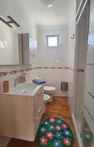 a bathroom with a sink and a toilet and a rug at Apartamento Galoponte - Laaldeabnb in San Nicolás