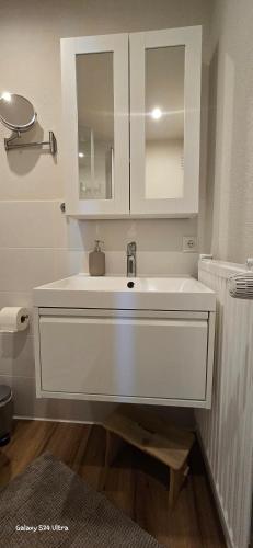 a bathroom with a white sink and a mirror at Ferienwohnung Hofidylle in Münstertal