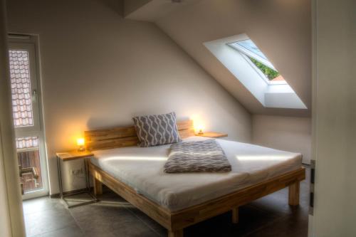 a bedroom with a bed with a skylight at Alpenblick 3 in Lindau-Bodolz