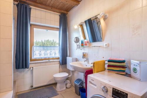 a bathroom with a sink and a toilet and a window at Das kleine Paradies in Pürgen