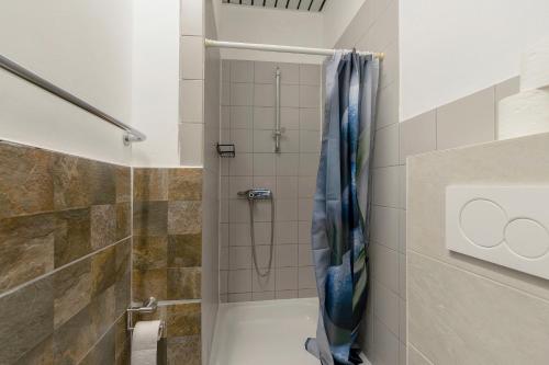 a shower with a blue shower curtain in a bathroom at 2 Bett Apartment a d A8 - W5 in Beckingen