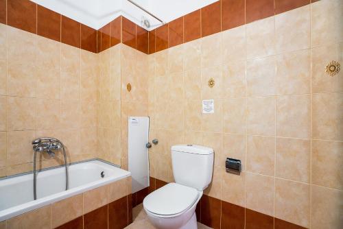 a bathroom with a toilet and a bath tub at Livadia Beach Suite in Tílos