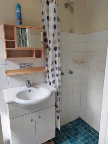 a bathroom with a sink and a shower at Newtown Beach Bed and Bath in Nadi
