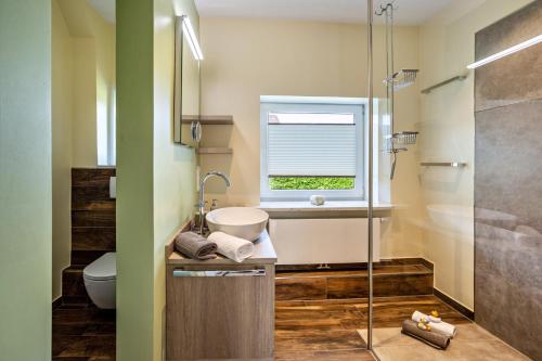 a bathroom with a sink and a toilet and a window at Altes Fischerhaus II in Cuxhaven