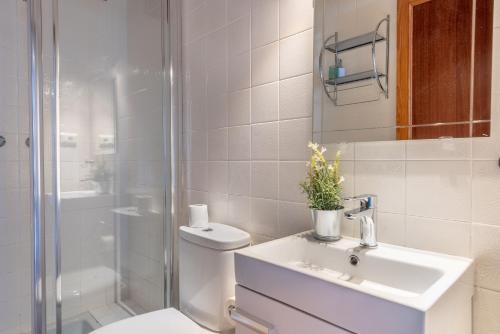 a bathroom with a toilet and a sink and a shower at Can Joi 12 in Sóller