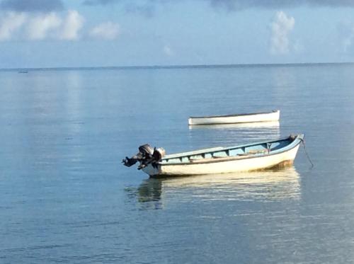 a small boat sitting in the middle of the water at The Beach House Rodrigues in Rodrigues Island