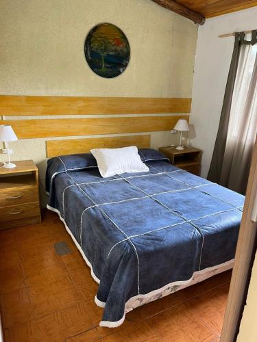 a bedroom with a bed with a blue comforter at DEPARTAMENTOS FORTIN in Trevelín