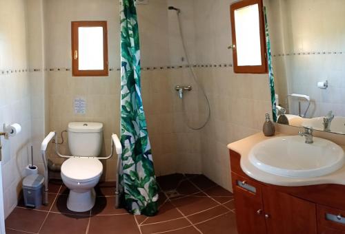 a bathroom with a toilet and a sink and a shower at Le Pressoir in Cresseveuille