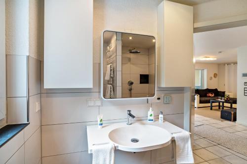 a bathroom with a sink and a mirror at Bei s' Herrs in Rheinmunster