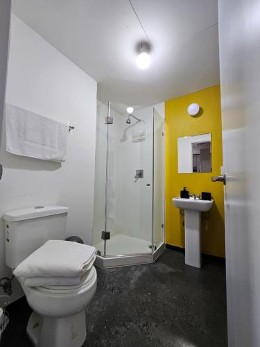 a bathroom with a toilet and a shower and a sink at Modern loft with panoramic views in Monterrey