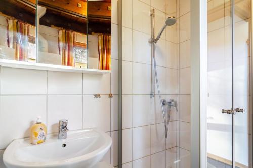 a bathroom with a sink and a shower at Twistesee Ferienhaus 36 in Bad Arolsen