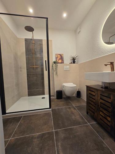 a bathroom with a shower and a toilet and a sink at Thiesa in Berumbur
