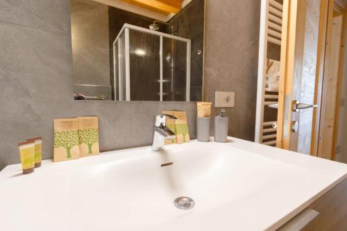a bathroom with a white sink and a mirror at Appartamento Sant'Antoni Fontana in Livigno
