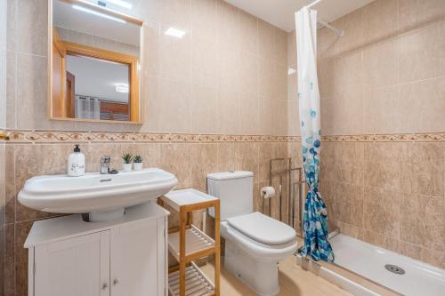 a bathroom with a sink and a toilet and a mirror at Piso Haza in Haza del Trigo