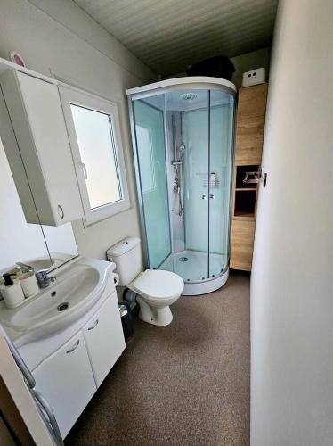 a bathroom with a shower and a toilet and a sink at Mobile home Sunset, Privlaka in Privlaka