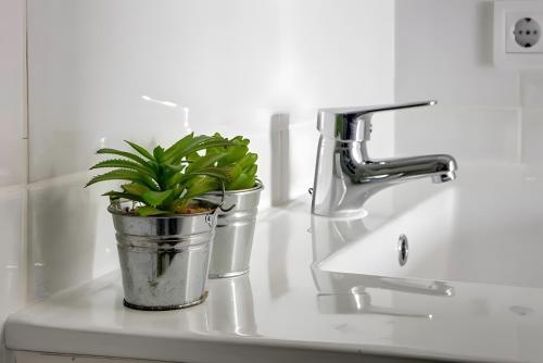 a bathroom sink with two potted plants on it at Atico Playa Gandia in Playa de Gandia