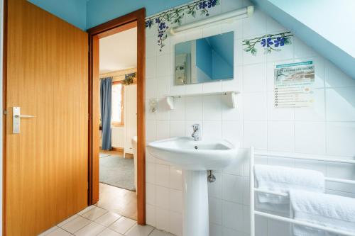 a bathroom with a sink and a mirror at Bienvenue-Willkommen in Boersch