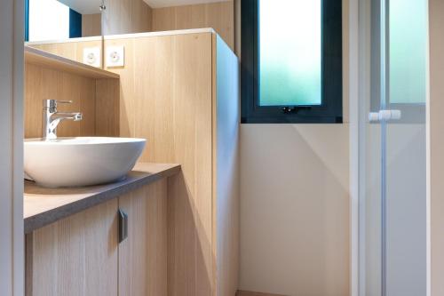 a bathroom with a white sink and a mirror at Chalet 35m2 - Molène in Plouhinec