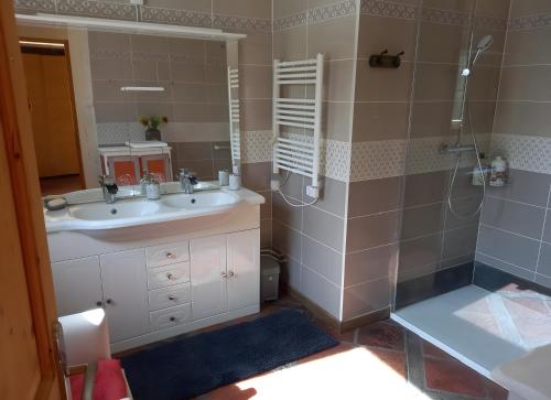 a bathroom with a sink and a shower with a mirror at Les Vallons du Lot in Gorses