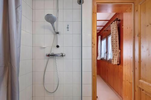 a shower with a shower head in a bathroom at Ferienwohnung Haus Eckhof in Wieden