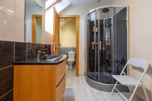 a bathroom with a sink and a shower at Le Chalet des Beuquillons in Gérardmer