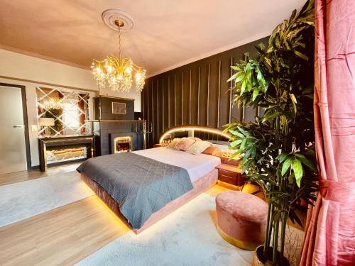 a bedroom with a bed and a fireplace at Die Residenz in Neidenbach