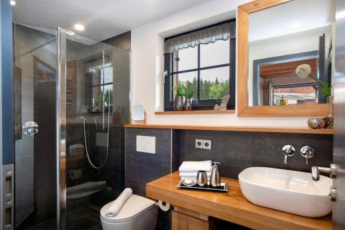 a bathroom with a sink and a shower and a toilet at Schorenmoos Lodge in Dietmannsried