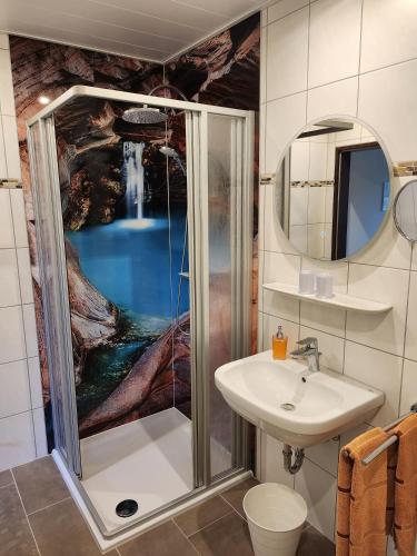 a bathroom with a shower and a sink at Haus Nietmann Ferienwohnung 1 in Altenau