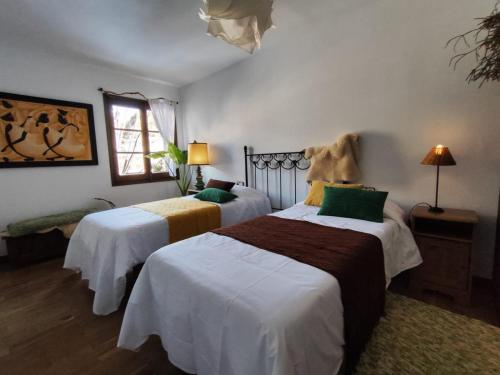 a bedroom with two beds and a window at Casa Rural el Bac in Castellar de NʼHug