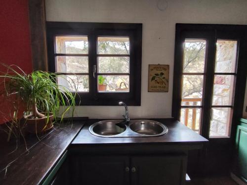 a kitchen with a sink and two windows at Casa Rural el Bac in Castellar de NʼHug